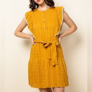 🌼 THML Mustard Textured Cotton Dress with Ruffle Trim 🌼
Size L Boho Cottagecore
